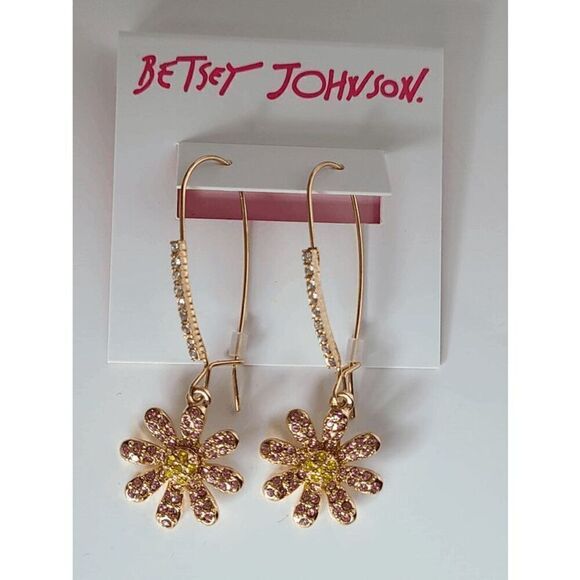🌸 BETSEY JOHNSON Daisy Flower Shepherd Hook Pink Crystal Dangle Earrings NEW - Picture 13 of 14